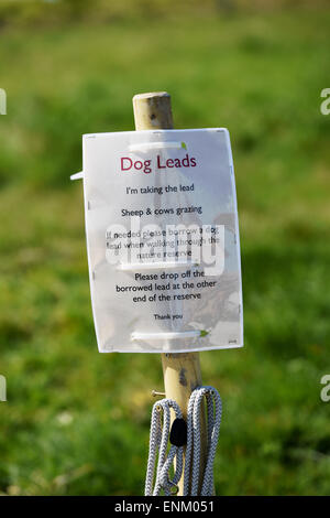 Ditchling Beacon Nature Reserve on South Downs Way Sussex UK - Dog leads for dog walkers to use for free when there are sheep Stock Photo