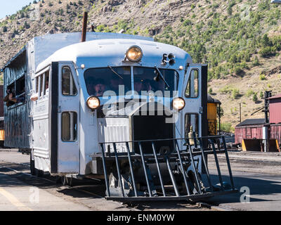 Galloping Goose #5, Durango and Silverton Narrow Gauge Railroad Depot, Durango, Colorado. Stock Photo