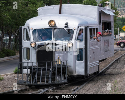 Galloping Goose #5 heading for the Durango and Silverton Narrow Gauge Railroad Depot, Durango, Colorado. Stock Photo