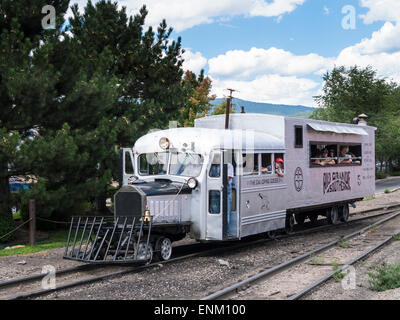 Galloping Goose #5 heading for the Durango and Silverton Narrow Gauge Railroad Depot, Durango, Colorado. Stock Photo