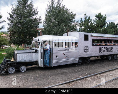 Galloping Goose #5 heading for the Durango and Silverton Narrow Gauge Railroad Depot, Durango, Colorado. Stock Photo