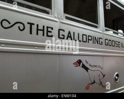 Galloping Goose #5, Durango and Silverton Narrow Gauge Railroad Depot, Durango, Colorado. Stock Photo