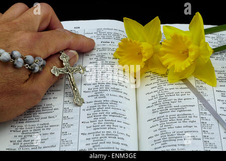 man with vintage jobs tears bead rosary and silver crucifix pointing to psalms in open bible and daffodil flowers Stock Photo