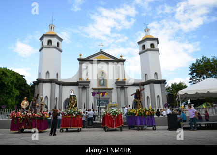 Floats in front of church waiting for the Good Friday procession in Juana Diaz, Puerto Rico. US territory. Caribbean Island. Stock Photo