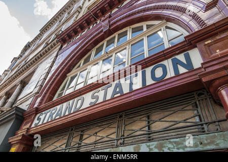 Entrance sign for the now disused Strand Station (also called Aldywch Station) in The Strand, Westminster, London Stock Photo