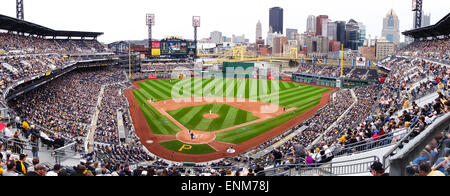 PNC Park baseball stadium in Pittsburgh, PA, home of the Pittsburgh Pirates, overlooks the city skyline and the Allegheny River. Stock Photo