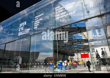 Blue skies and cloud formations reflected in Liverpool's city glass buildings.  Mann Island Liverpool waterfront Stock Photo