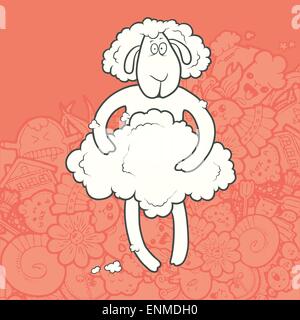 Vector Illustration Cute Hand Drawn shaved lamb holding its coat. Greeting card New Year. The concept of the character on abstra Stock Vector
