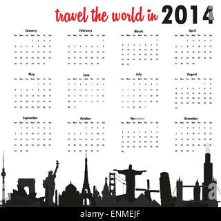 Travel the world in 2014 calendar Stock Vector