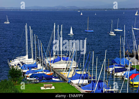 Yacht marina, harbour on lake Chiemsee, Chiemgau,  Upper Bavaria, Germany, Europe Stock Photo