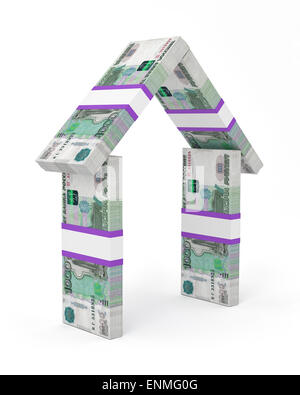 House made of Russian currency banknotes, illustration on white background Stock Photo