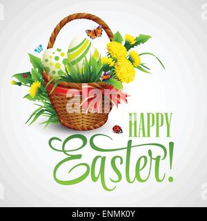Easter card with basket, eggs and flowers. Vector illustration EPS10 Stock Vector