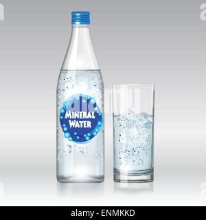 Glass of water and bottle with mineral water isolated on white background. Vector illustration Stock Vector