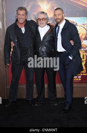 Los Angeles, California, USA. 7th May, 2015. Mel Gibson, George Miller, Tom Hardy at arrivals for MAD MAX: FURY ROAD Premiere, TCL Chinese 6 Theatres (formerly Grauman's), Los Angeles, CA May 7, 2015. Credit:  Everett Collection Inc/Alamy Live News Stock Photo