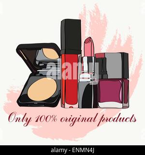 set of cosmetics - lipstick, lip gloss, powder, mascara carcasses, shadow, pencil and nail polish. vector illustration for promo Stock Vector