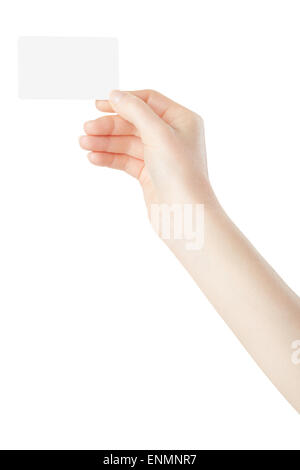 Woman hand hold blank card, business card, credit card Stock Photo