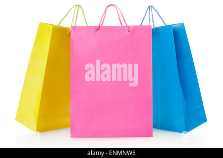 Colorful shopping bags in paper in yellow, pink and blue colors Stock Photo