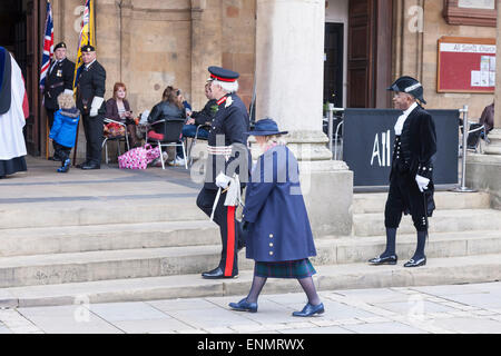 Northampton. U.K. 8th May 2015. A service to mark the 70th anniversary of VE Day was held at All Saints Church in Northampton Town Centre at 2pm today. The service was attended by town dignitaries and representatives of the Royal British Legion Northampton branch. At 3pm there was a two minute silence in the memorial gardens behind All Saints’ to coincide with the national silence that marks the moment Winston Churchill broadcast his historic speech formally announcing the end of the war. Credit:  Keith J Smith./Alamy Live News Stock Photo