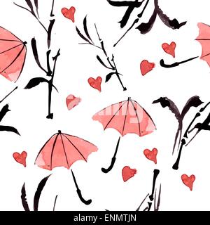 Seamless ornamental pattern with bamboo and umbrella, hand-drawing watercolor. Vector Illustration Stock Vector