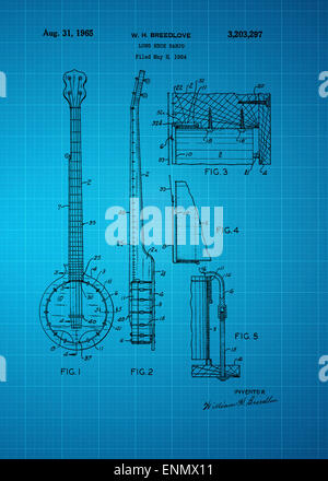 Long Neck Banjo patent from 1964 Vintage patent artwork great presentation in both corporate and personal settings ie offices/ c Stock Photo