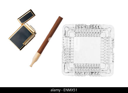 Ashtray with cigar and gold cigarette lighter, isolated on white background Stock Photo