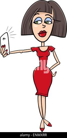 Cartoon Illustration of Girl in Red Dress Doing Selfie Photo by Smart Phone for Social Media Stock Vector