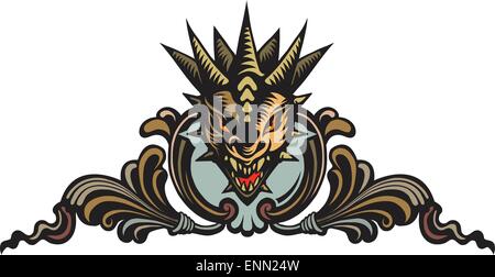 Graphic vector illustration of the dragons head in ornate shield. Stock Vector