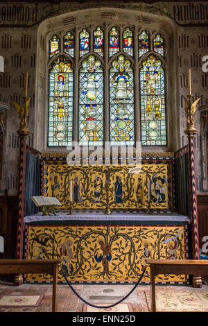 UK, England, Ewelme.  St. Mary the Virgin Church, 15th Century.  Altar of St. John Baptist, Medieval Glass Fragments in Window. Stock Photo