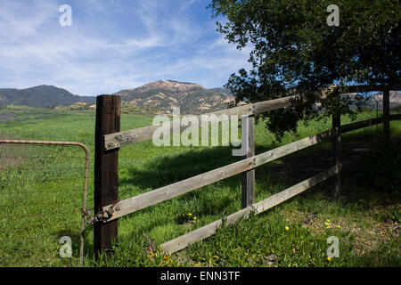 Fence and Gate surrounding open space in the foothills Stock Photo