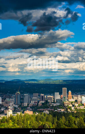 View of the Portland skyline from Pittock Acres Park, in Portland, Oregon. Stock Photo