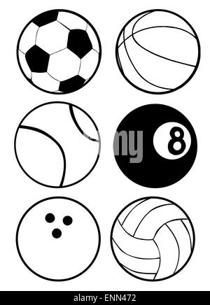 Collection Of Black And White Sports Balls Flat style. Football, soccer ...