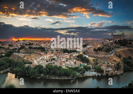 Panoramic view of Toledo at dusk, Castile-La Mancha, Spain Stock Photo