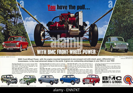 Vintage advert in 1960s magazine dated 1964 for BMC MINIS & 1100's cars double page spread Stock Photo