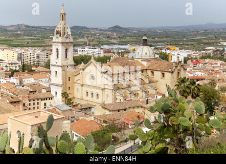 view over city with the Collegiate Basilica of Santa Maria (Iglesia Colegial Basilica de Santa Maria) La Seu, Xativa, Valencia, Stock Photo