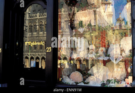 BEL, Belgium, Brussels, Brussels lace at a shop window at the Grand Place.  BEL, Belgien, Bruessel, Bruesseler Spitze in einem S Stock Photo