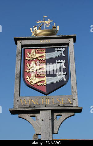 Millennium Sign of shield crest for Winchelsea, East Sussex, a Cinque Ports, the sign was designed by resident John Haddock Stock Photo