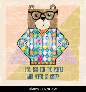 cool bear hipster, hand draw illustration Stock Vector