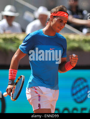 Madrid, Spain. 8th May, 2015. Rafael Nadal of Spain celebrates during the men's single quarterfinal against Grigor Dimitrov of Bulgaria at the Madrid Open tennis tournament in Madrid, Spain, May 8, 2015. Rafael Nadal won 2-0. Credit:  Xie Haining/Xinhua/Alamy Live News Stock Photo