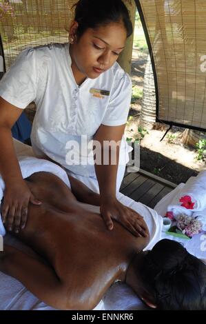 Masseuse at work at Ambre Hotel, Palmar, Mauritius Stock Photo