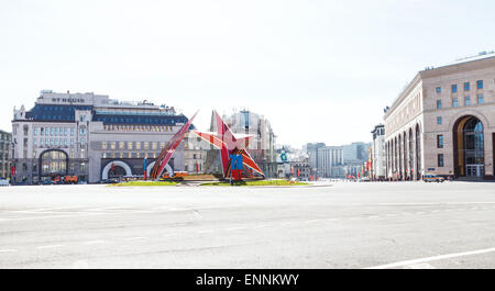 MOSCOW, RUSSIA - MAY 7, 2015: red star monument and urban decoration in honor of the 70 anniversary of the victory in World War