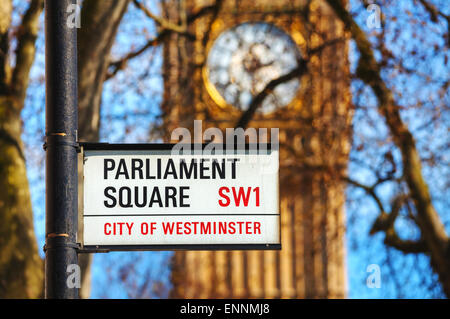 LONDON - APRIL 12: Parliament square sign in city of Westminster on April 12, 2015 in London, UK. Stock Photo