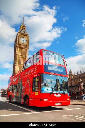 LONDON - APRIL 5: Iconic red double decker bus on April 5, 2015 in London, UK. The London Bus is one of London's principal icons Stock Photo