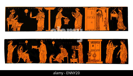 Ancient Greek vases depicting life and lifestyle of Greek women at home, isolated on white Stock Photo