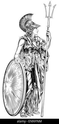 An illustration of the mythological Greek Goddess Athena holding a trident spear and shield Stock Photo