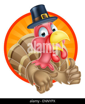 Thanksgiving turkey mascot giving a thumbs up and wearing a pilgrim hat Stock Photo