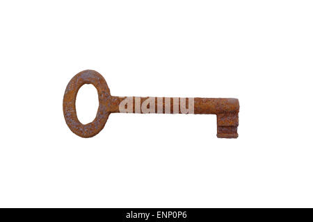 Old isolated rusty key on white background. Stock Photo