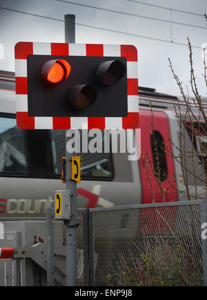 Railway level crossing warning red triangular road sign Stock Photo - Alamy