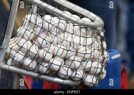 Milwaukee, WI, USA. 9th May, 2015. Batting practice balls sit in front of the Cubs dugout prior to the Major League Baseball game between the Milwaukee Brewers and the Chicago Cubs at Miller Park in Milwaukee, WI. John Fisher/CSM/Alamy Live News Stock Photo