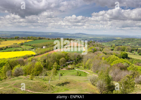 A view across the Severn Vale towards the River Severn from Painswick Beacon hill fort, Groucestershire, England, UK Stock Photo