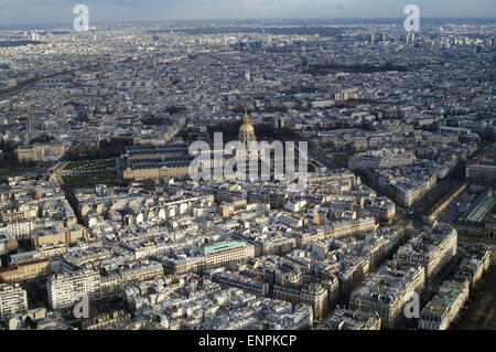 Ariel view of Paris from the Eiffel Tower, Paris, France with the gold dome of  L'Hôtel national des Invalides in the centre Stock Photo